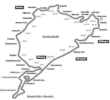 "Северная Петля" Нюрбургринга
%"Северная Петля" по праву считается самой длинной, коварной и интересной гоночной трассой в мире. Основана в 1927 году. В том же году проведен первый Гран-при Германии. С 1953 года начала проводиться гонка "1000 км Нюрбургринга", с 1970 -- "24 часа Нюрбургринга". После страшной аварии Ники Лауды в 1976 году гонки Формулы-1 на Северной Петле не проводятся.  
%Длина -- 20 832 метра
%Правых поворотов -- 40
%Левых поворотов -- 33
%Перепад высот -- около 300 метров
%Ширина -- 8-9 метров
%Стоимость одного круга -- 24 Евро, 4 круга -- 70 Евро, 8 кругов -- 135 евро, 15 кругов -- 235 евро, 25 кругов -- 370 евро,  годовой абонемент -- 995 евро