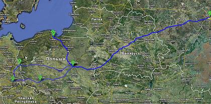 Маршрут путешествия
%1. Москва -- Варшава: 1255 км
%2. Варшава -- Вроцлав -- Дрезден: 624 км
%3. Дрезден -- Варшава: 682 км
%4. Варшава -- Гданьск: 378 км
%5. Гданьск -- Варшава: 378 км
%6. Варшава -- Москва: 1255 км
%Итого: 4572 километра