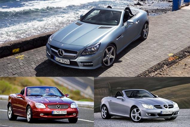 Первый Mercedes-Benz SLK (на фото слева внизу) появился в 1996 году и за восемь лет производства разошелся тиражом в 311 тысяч автомобилей. Родстер второго поколения (внизу справа) продавался чуть хуже - с 2004 по 2011 год было выпущено более 190 тысяч автомобилей. В России за прошлый год было реализовано всего 26 экземпляров Mercedes-Benz SLK.
