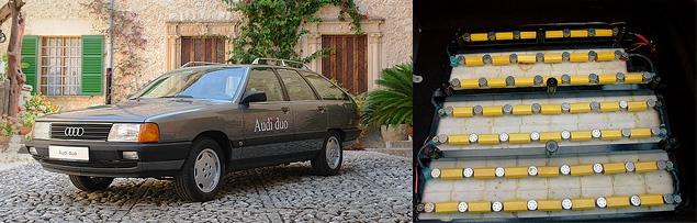 Вот он, самый первый намек компании Audi на заинтересованность в производстве гибридных версий своих автомобилей -- Audi 100 Avant Duo, показанный публике на автосалоне в Женеве в 1990 году. Стандартная для того времени 2,3‑литровая рядная «пятерка» мощность 136 лошадиных сил приводила передние колеса, а задние вращал 12,6‑сильный электромотор. Водитель мог сам выбирать режим движения: на «батарейках» или на Отто-моторе. В багажнике -- Ni-Cd аккумулятор того времени.