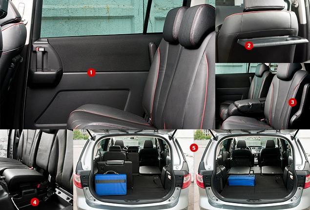 1. Почти плоская дверная панель -- вынужденное решение. Чтобы сдвижная дверь не сильно выступала за габариты автомобиля (всего 15 сантиметров в "выдвинутом" состоянии), рельеф внутренней обшивки пришлось максимально упрощать. Да и места в салоне по ширине получилось побольше.

2. Откидной столик -- достаточно прочный и не складывается от первого касания.

3. Сбоку от задних кресел есть откидные подлокотники. Мягкие, но слишком узкие и потому не очень удобные.

4. Ниша под подушкой сиденья, в которую можно спрятать центральную секцию заднего дивана или детские игрушки...

5. Вариантов трансформации салона достаточно, чтобы удовлетворить владельца Mazda5 в большинстве ситуаций.