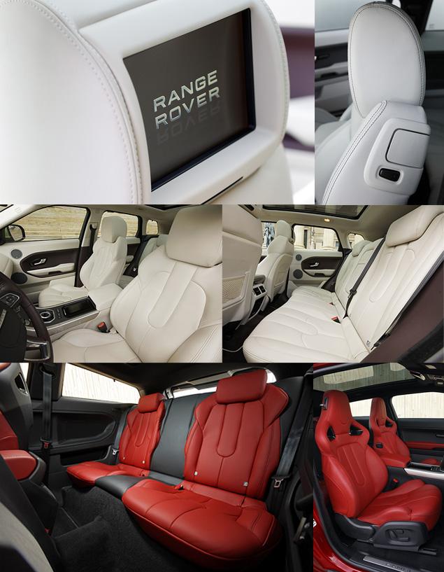 Evoque в версии Sport комплектуется передними сиденьями с выраженной поддержкой и задним «диваном», отформованным под двоих седоков. Передние «ковши» понравились больше, чем обычные кресла -- они плотнее, а посадка -- глубже. Сидеть на заднем ряду просторно даже с ростом за 180 сантиметров, спасибо большой колесной базе. А вот доступ на второй ряд в трехдверке не очень прост: складывание переднего кресла и последующее его сдвигание вперед с помощью электропривода занимают много времени.  
Еще одна "премиальная опция" -- в подголовники передних кресел могут быть встроены ЖК-экраны.