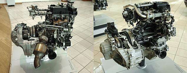 Для Range Rover Evoque предлагается четырехцилиндровый турбодизель _(на фото слева)_ с двумя вариантами форсировки -- 150 (версия TD4) и 190 (версия SD4) лошадиных сил. Этот агрегат уже знаком по модели Freelander и впечатляет показателями крутящего момента: даже у 150‑сильного двигателя момент выше, чем у бензинового (400 Нм против 340 Нм). В варианте SD4 мотор развивает еще на 20 Нм больше. Современные, довольно тихие (73 и 68 Дб) и экологичные (133 -- 174 грамма СО2 на километр) турбодизели.

Бензиновый двигатель _(на фото справа)_ для Range Rover Evoque предусмотрен только один -- 240‑сильная рядная "турбо-четверка" с прямым впрыском и системой регулирования фаз газораспределения. Бензиновых 4‑цилиндровых моторов собственной разработки у Jaguar/Land Rover нет, поэтому под капотом Evoque находится «фордовский» EcoBoost, который в такой же спецификации устанавливается, например, на Mondeo Sport. Для такой внушительной мощности этот технологичный двигатель весьма экономичен (8,7 литра бензина на 100 километров пробега в смешанном цикле) и дружелюбен к окружающей среде (199 граммов СО2 на километр).