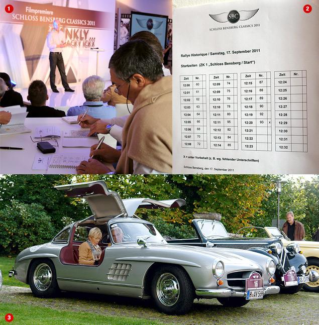 1. На утреннем брифинге джентльмены, которые знают немецкий язык, старательно вносят исправления в роудбук и обсуждают стратегию на предстоящую гонку.  
2. Стартовый протокол. «Гольфу» присвоен 88 стартовый номер. Для нас все начнется в 12 часов 16 минут.  
3. Зачастую в качестве штурмана выступают жены! Как и в этом экипаже на Mercedes‑Benz 300 SL: сидя под «крыльями чайки» семейная чета еще раз изучает маршрут перед стартом.