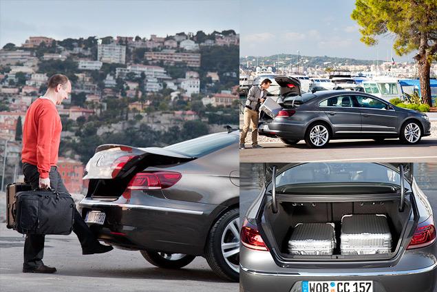 Открыть крышку багажника "с пинка" может любой, у кого в кармане лежит ключ от машины: для этого надо провести/махнуть ногой под задним бампером. Багажник у CC, кстати, немаленький -- 532 литра с поднятыми спинками задних сидений. Сложить их можно в пропорции 2/3.