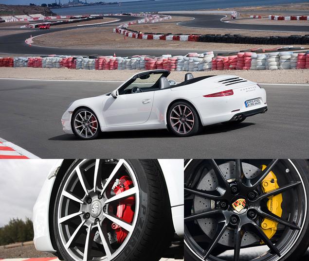 Красные суппорты - обычные тормоза. Желтые - опциональные карбон-керамические. Вторые лучше по всем параметрам: эффективнее, легче (минус 3,5-3,8 килограмма с каждого колеса) и почти неутомимы.