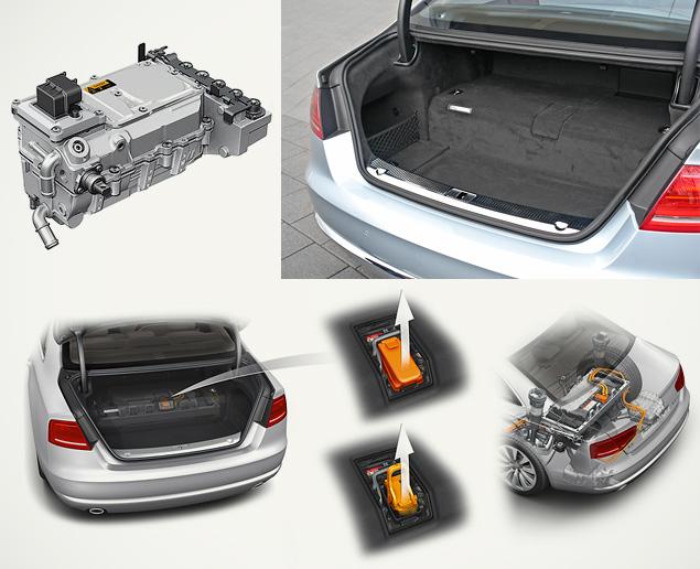 В багажнике Audi A8 Hybrid «поселилась» 38‑килограммовая Li-Ion батарея (напряжение 266 Вольт, емкость -- 1,3 киловатта в час), из-за чего полезный объем багажника сократился с 510 до скромных 335 литров, а на полу появилась большая ступенька, мешающая складывать объемные вещи.