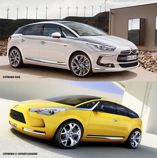 Серийный DS5 получился намного более сложным в плане дизайна, чем его прообраз – концептуальный C-Sportlounge образца 2005 года. При этом у них много общих стилистических решений: форма передней стойки с L-образной хромированной полосой, изгиб оконной линии в районе заднего крыла, хромированные накладки по периметру кузова.