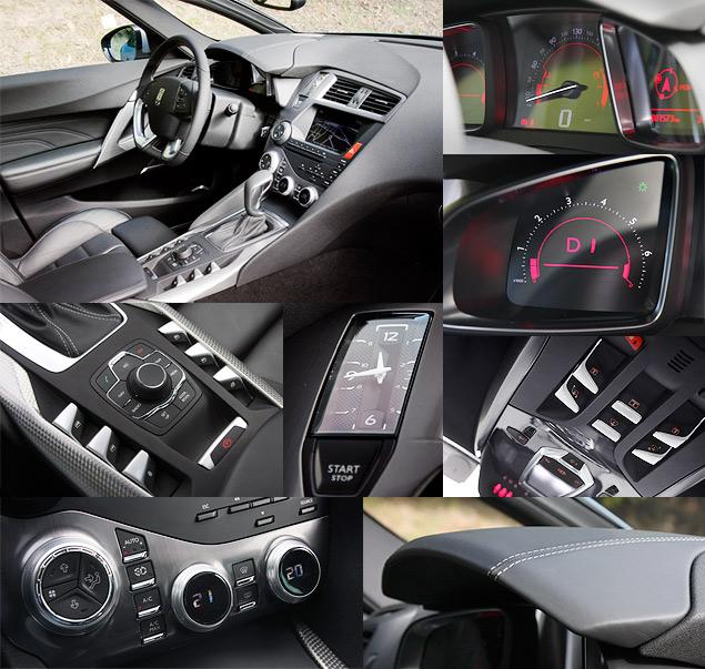 Внутри DS5 похож на самолет. Полноценный кокпит с сильно наклоненной передней панелью, высокий центральный тоннель, "обтягивающая" пластика интерьера. Плюс, самолетные переключатели под правой рукой водителя и на потолке. Приборка - сочетание традиционных стрелочных указателей и монохромных графических дисплеев. Очень стильно, но не очень практично. Особенно если учесть, что стекла, закрывающие приборы, бликуют.

Внимание к деталям - перфекционистское. Алюминий, кожа, качественный пластик. Над клавишей запуска мотора - стильные стрелочные часы.

Для DS5 предусмотрен даже проекционный дисплей для водителя (на него выводится скорость и подсказки навигационной системы), который опускается и поднимается клавишами на потолке.