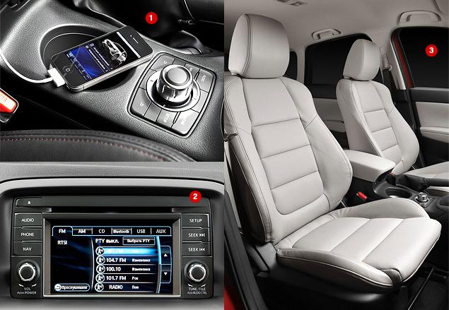 1. Подключив к СХ-5 iPhone и скачав специальное приложение, можно контролировать основные параметры автомобиля

2. В верхней части центральной консоли расположен высококонтрастный 5,8-дюймовый дисплей с активным экраном. На него же выводится картинка с камеры заднего вида

3. У сидений Mazda CX-5 традиционно хороший профиль, несмотря на минимум регулировок. Пожаловаться можно только на несколько коротковатую подушку