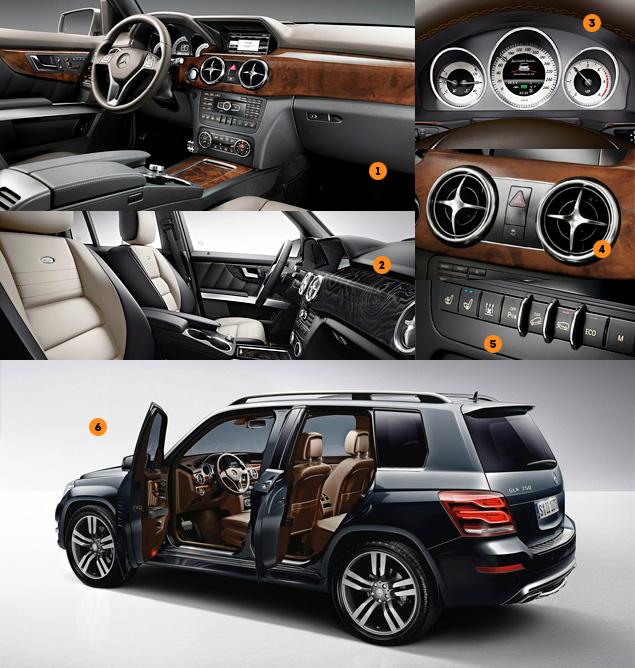 1. Для GLK доступна как классическая "мерседесовская" отделка лакированным коричневым деревом...

2. ...так и более стильные варианты с черным шпоном и светло-бежевой кожей на сиденьях.

3. Дисплей в центре приборной панели имеет высокое разрешение и может выводить почти любые данные о машине, включая подсказки навигационной системы.

4. Круглые дефлекторы системы вентиляции -- как у SLK и SL.

5. "Внедорожные" кнопки отделены от остальных выступающими ребрами. Наверное, чтобы избежать случайных нажатий.

6. Полностью коричневая отделка салона - с коричневым пластиком и шоколадного цвета кожей - на любителя. Хотя выглядит очень "богато".