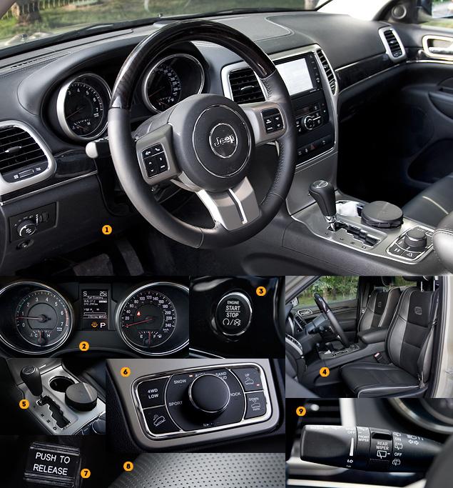 1. Эргономика и качество используемых в интерьере материалов -- лучше, чем мы привыкли видеть в американских автомобилях.

2. Приборы и красивы, и читаются неплохо. В центре - монохромный ЖК-дисплей.

3. Наш "Гранд" заводится кнопкой в салоне.

4. Сиденья - широкие, с плохо выраженной боковой поддержкой. Зато имеют удобный профиль и большие диапазоны настроек.

5. Селектор КПП расположен на привычном месте - на центральном тоннеле.

6. Блок управления вспомогательными системами: джойстик системы Selec-Terrain, а также кнопки выбора режимов работы трансмиссии (слева) и пневмоподвески (справа).

7. Вместо "ручника" в Grand Cherokee "ножник" - стояночный тормоз приводится небольшой педалью слева, которую надо нажимать ногой.

8. Кожа на сиденьях мягкая и, по ощущениям, "крепкая" - за несколько лет не сотрется. В нашей версии кресла были оснащены вентиляцией.

9. Знаменитый подрулевой переключатель, перекочевавший на "Гранд" с Mercedes-Benz ML. По-настоящему привыкнуть к нему удалось лишь к концу тест-драйва.