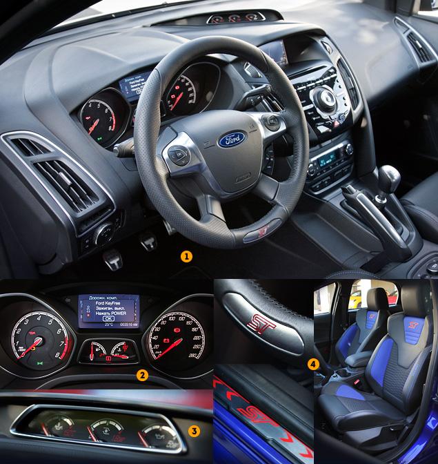 1. Руль обтянут приятной на ощупь кожей с перфорацией, вот только выглядит он не очень спортивно.

2. Оцифровка спидометра и тахометра у Focus ST более информативная, чем у обычного "Фокуса", а стрелки приборов теперь светятся красным.

3. Дополнительные приборы кажутся игрушечными – они выглядят незамысловато и «плоско», да и читаются с трудом.

4. Буквы ST в салоне встречаются повсюду – на руле, на рычаге коробки передач, на порогах, вышиты на сиденьях. В некоторых версиях логотип ST может быть выгравирован даже на пластике центральной консоли.