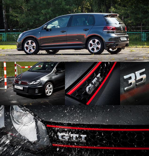Ключевые отличия "заряженного" VW Golf GTI от обычного "Гольфа" -- красные полоски на решетке радиатора, пара патрубков выпускной системы и незаметный спойлер на кромке задней двери.