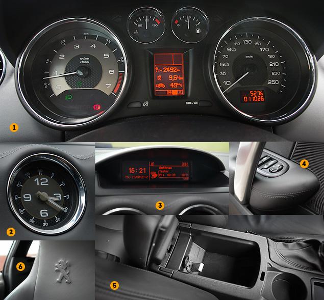 1. Панель приборов хорошо знакома по модели 308.

2. По центру передней панели – простенькие, но симпатичные часы.

3. На экране, расположенному по центру передней панели, отображается время, дата, температура за бортом и информация аудиосистемы.

4. Подлокотники обшиты кожей по всей своей длине.

5. В боксе-подлокотнике с удобной сдвижной крышкой притаились разъемы AUX и USB.

6. На передних сиденьях выполнено тиснение в виде логотипа Peugeot.