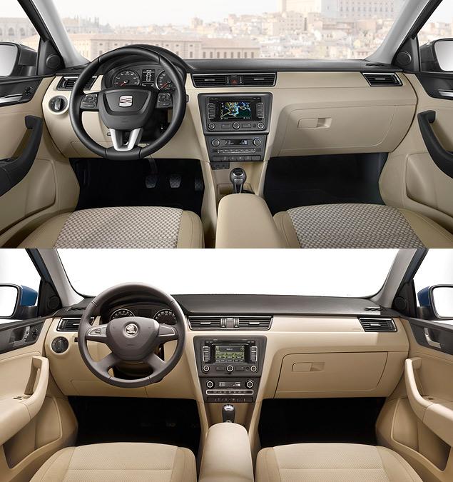 Вверху - салон "Сеата", внизу - салон "Шкоды". Видимых отличий - всего два: руль с другим шильдиком и рукоятка рычага коробки передач.