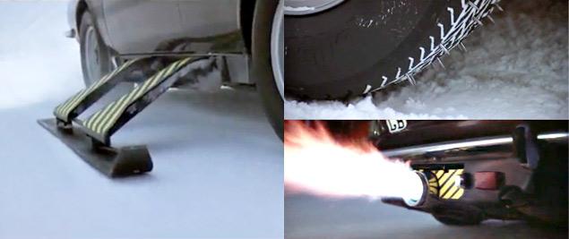 Оснащение: лазеры в колесах, лыжи, реактивный двигатель, шины с выдвигающимися шипами, ракетная установка