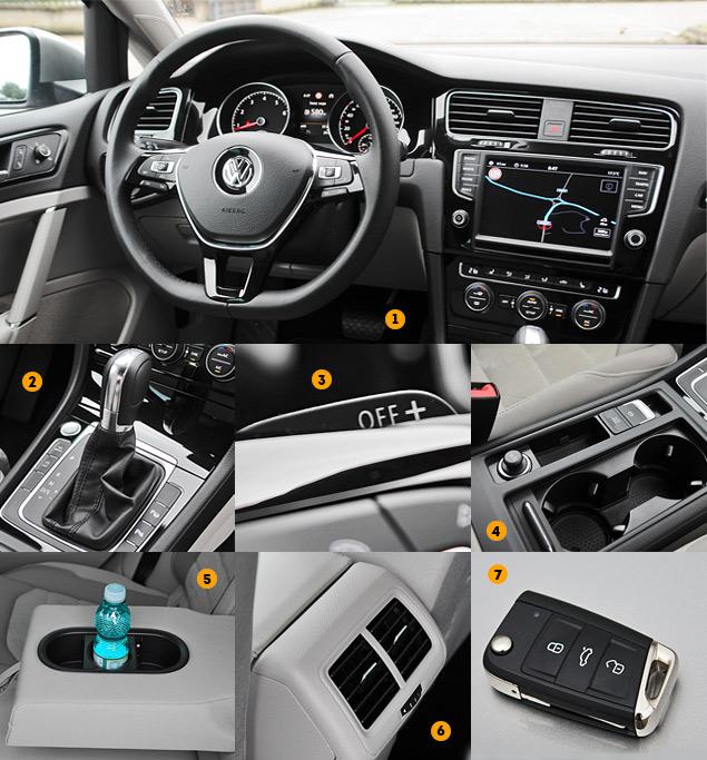 1. Новый руль с новыми клавишами хорош!

2. Спортивный режим «робота» DSG включается теперь покачиванием рычага на себя

3. Для версий с DSG можно заказать подрулевые «лепестки»

4. Механический «ручник» на всех версиях уступил место электронному. Также на центральном тоннеле расположились пара подстаканников, отсек для ключа и 12‑вольтовая розетка

5. В заднем подлокотнике предусмотрена система для фиксации бутылок разной емкости

6. Для задних пассажиров – только воздуховоды

7. Специально для Volkswagen Golf седьмого поколения был разработан новый дизайн ключа зажигания. Скоро мы увидим его на других моделях концерна