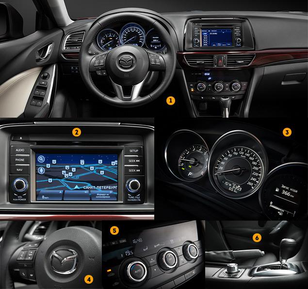 1. Салон, для автомобиля японской марки, просто роскошный. Удобство посадки за рулем – выше всяких похвал

2. Мультимедийная система по современным меркам не очень-то продвинутая: диагональ экрана всего 5,8 дюйма, а разрешение и контрастность изображения не поражают воображение. Зато она умеет показывать SMS-ки и электронную почту прямо на дисплее

3. Приборы по-прежнему в "колодцах" – и красиво, и читается хорошо

4. Трехспицевый руль идеален и по размеру, и по диаметру обода

5. Климат-контроль работает неплохо, а блок управления – загляденье

6. Джойстик управления мультимедийной системой HMI – не самый удобный, но все равно лучше, чем кнопки