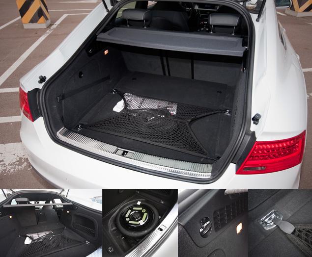 Багажник в S5 Sportback немаленький - 480 литров, и удобный по форме. Есть крепежная сетка (нелишняя штука в такой машине), множество крючков и розетка на 12 вольт, а в подполье - смешная докатка