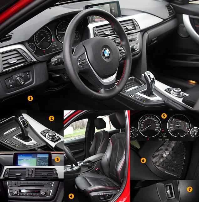 1. Интерьер "трешки" лаконичен и технологичен. Алюминий и красная строчка в отделке - особенность комплектации тестового автомобиля в версии Sport.

2. Селектор "автомата" -- электронный, нефиксируемый. Режим движения выбирается качанием рычага, а для перевода трансмиссии в стояночный режим нужно нажать кнопку P на торце.

3. Большой ЖК-дисплей имеет высокое разрешение и отличную контрастность. Под воздуховодами - кнопки выбора радиостанции и регулятор громкости.

4. У передних сидений выраженная боковая поддержка спины и бедер. Есть память на две настройки.

5. Приборная панель - механическая, но в ее нижней части разместился большой ЖК-дисплей, разделенный на три функциональных сектора. Основная информация бортового компьютера выводится в его центральной части.

6. Аудиосистема с динамиками Harman Kardon хорошо справляется с большинством музыкальных стилей, но лучше всего - с электроникой.

7. На рулевой колонке есть кнопка включения подогрева руля. Незаменимая штука холодным зимним утром.