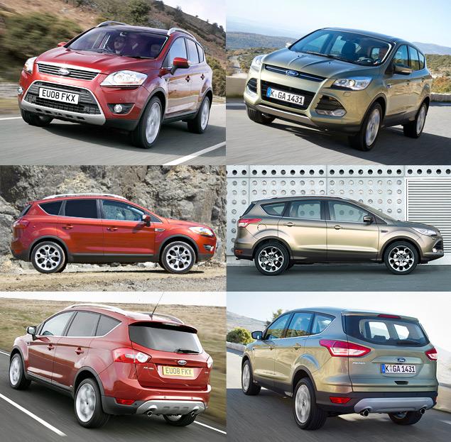 Игру со сложными хитросплетениями линий и граней фордовцы начали еще на «Фиесте» и продолжают до сих пор. Kuga выглядит вполне гармонично.

Ford Kuga до _(слева)_ и после _(справа)_ смены поколений