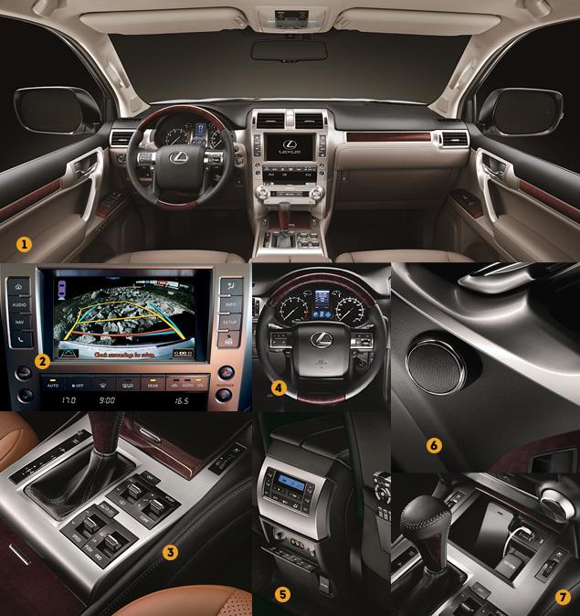 1. Главное изменение в интерьере – новый цвет кожаной отделки сидений. По задумке дизайнеров, оранжевые сиденья придают GX спортивности и должны привлечь более молодую аудиторию.

2. 8-дюймовый дисплей теперь уже в базовой комплектации. Навигационным модулем автомобиль можно дооснастить уже после покупки.

3. Рычажки справа от селектора коробки передач отвечают за положение кузова, режимы работы амортизаторов, системы crawl control и трансмиссии.

4. Кожа на рулевом колесе натянута несколько небрежно: ее излишки на торцевой части спиц будто забыли обрезать.

5. Сзади есть собственный пульт климатической установки и разъемы для подключения внешних источников видеосигнала.

6. Аудиосистема Mark Levinson с 17 динамиками доступна на всех 7-местных GX. Она радует по-американски сочным басом, правда аудиофилы порой критикуют ее за "холодность" звучания.

7. USB-входов сразу два, но оба спереди. Задние пассажиры могут разжиться только розеткой. Зато к задней мультимедиа-системе можно подключить игровую приставку.