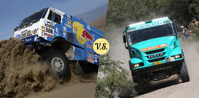 Регламентом "Дакара" разрешены капотные грузовики: именно такой IVECO построила команда Жерара де Роя (справа). В "КАМАЗ-Мастере" не обновляли шасси с 2007 года: в тот момент капотная компоновка была под запретом, поэтому все российские грузовики (слева) имеют привычную кабину