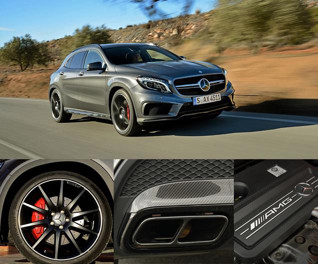 Снаружи GLA 45 AMG отличается иными бамперами, 19-дюймовыми (20 дюймов за доплату) колесами и "четырехстволкой" выхлопа. Каждый двигатель собирается вручную одним мастером.