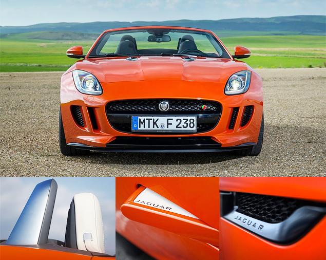 Дуги безопасности на F-Type пассивные - они не "выстреливают" в случае переворота. Между ними можно поднять специальный ветрозащитный экран.

Еще один аттракцион - ручки дверей, которые автоматически прячутся внутрь при начале движения.