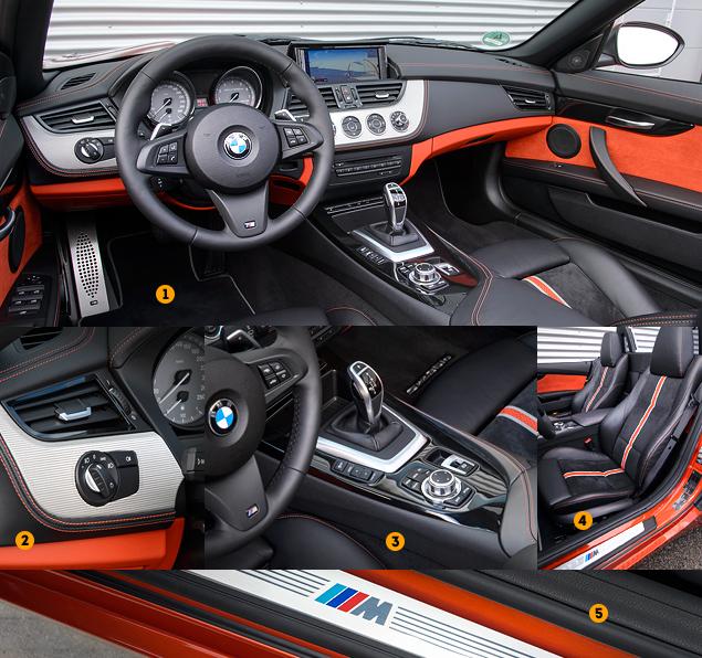 1. Ярко-рыжая отделка салона - на любителя. Правда, если вы покупаете рыжую машину, то получите ее в нагрузку без доплаты.

2. Железка на фотографии - это на самом деле плетеная из тонкой проволоки деталь. Выглядит потрясающе.

3. Обновленные родстеры Z4 оснащаются системой ConnectedDrive предыдущего поколения -- еще без [предоплаченного доступа в интернет](https://motor.ru.net/articles/2013/06/11/connecteddrive/) и прочих новшеств.

4. Сиденья на версии Z4 sDrive35is хороши: плотные, глубокие и цепкие.

5 Еще один знак отличия машины с "М-пакетом" - накладка на пороги.