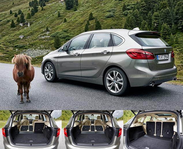 Лошадка в багажник 2-Series Active Tourer, конечно, не влезет, но сам по себе он немаленький: 468–1510 литров в зависимости от конфигурации. Причем можно заказать еще и складывающееся переднее сиденье пассажира. Привод пятой двери может быть оснащен электроприводом и системой открывания без касания - нужно лишь провести ногой под задним бампером.