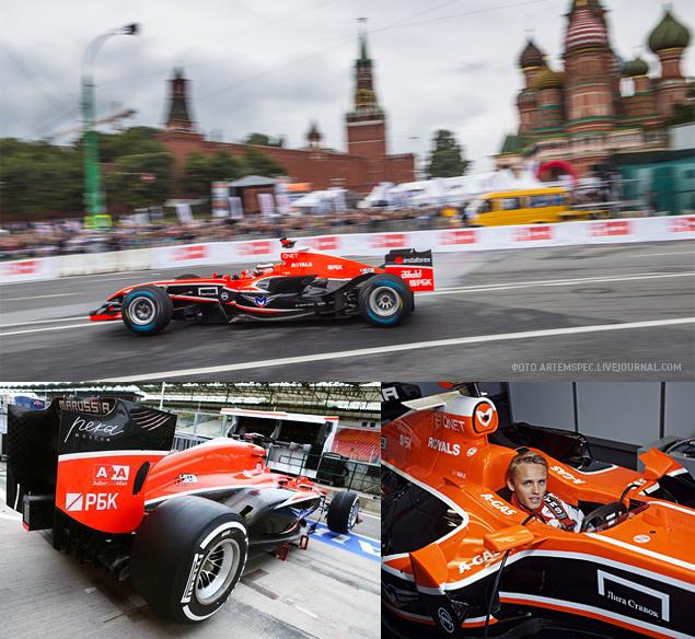 Marussia заезжала на демонстрационные заезды в Россию (вверху), а машину украшали логотипы российских спонсоров