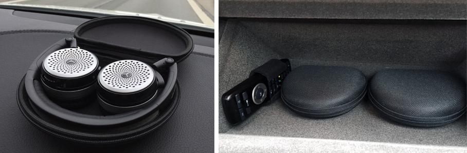 Беспроводные наушники, два комплекта. И пульт, с помощью которого на задних сиденьях можно управлять музыкой и фильмами