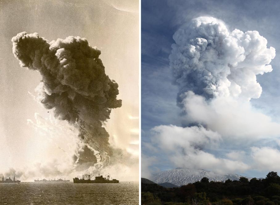 Прошлое и настоящее. Извержение Этны и взрыв военного транспорта SS Robert Rowan 11 июля 1943 года. Судно получило три попадания 500-килограммовых бомб во время налета Юнкерсов Ю-88, а когда через двадцать минут пламя дошло до боеприпасов, взрыв  расколол его пополам. Весь экипаж, 421 человек, успел эвакуироваться.