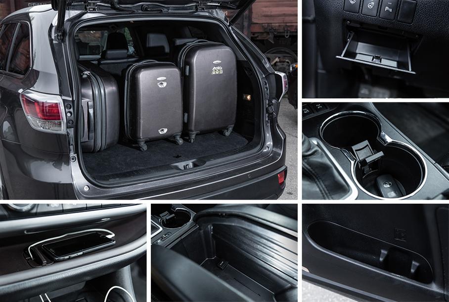 «Хайлендер» — лидер по количеству различных ниш, полочек и отсеков. К огромной полке на всю ширину передней панели со специальной дыркой, через которую можно просунуть кабель от подключенного к USB смартфона, добавляется бездонный ящик в центральном подлокотнике, подстаканник под литровые бутылки и полки в дверях. Дверь багажника имеет электропривод, а при всех поднятых креслах на семь человек для багажа все равно остается 269 литров. Если сложить кресла, то получится ровная погрузочная площадка на 2370 литров. Общий объем салона составляет почти 4,5 тысячи литров.