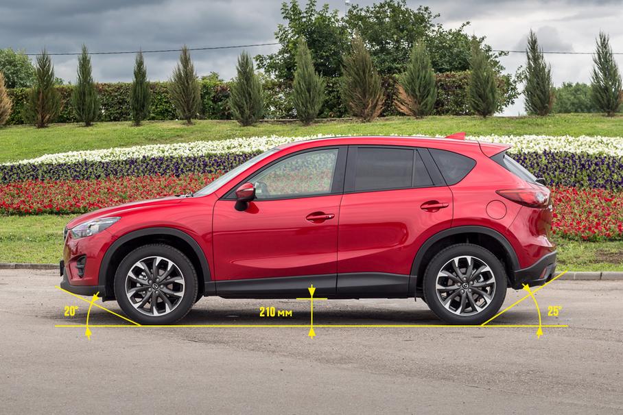 Дорожный просвет у полноприводных CX-5 составляет вполне взрослые 210 мм, а у переднеприводных машин под пузом на пять миллиметров больше. Система полного привода реализована через электронно-управляемую многодисковую муфту, которая смонтирована перед задней осью и умеет отправлять на нее до 50 процентов тяги.