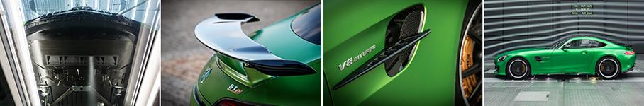 Аэродинамический арсенал AMG GT R гораздо внушительнее, чем у стандартной машины. Слева видны каналы в передней «губе», которые обдувают раскаленные агрегаты и обеспечивают дополнительный приток воздуха к диффузору. Широкое заднее антикрыло - регулируемое.