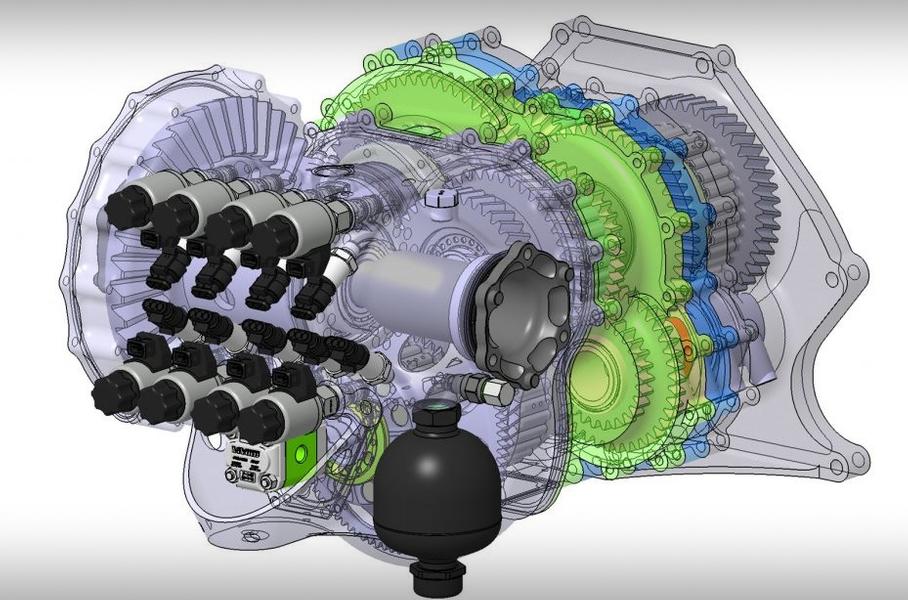 Light Speed Transmission (LST) состоит из восьми многодисковых сцеплений (одно предназначено для дифференциала), восьми актуаторов, восьми датчиков давления и трёх приводных валов. 