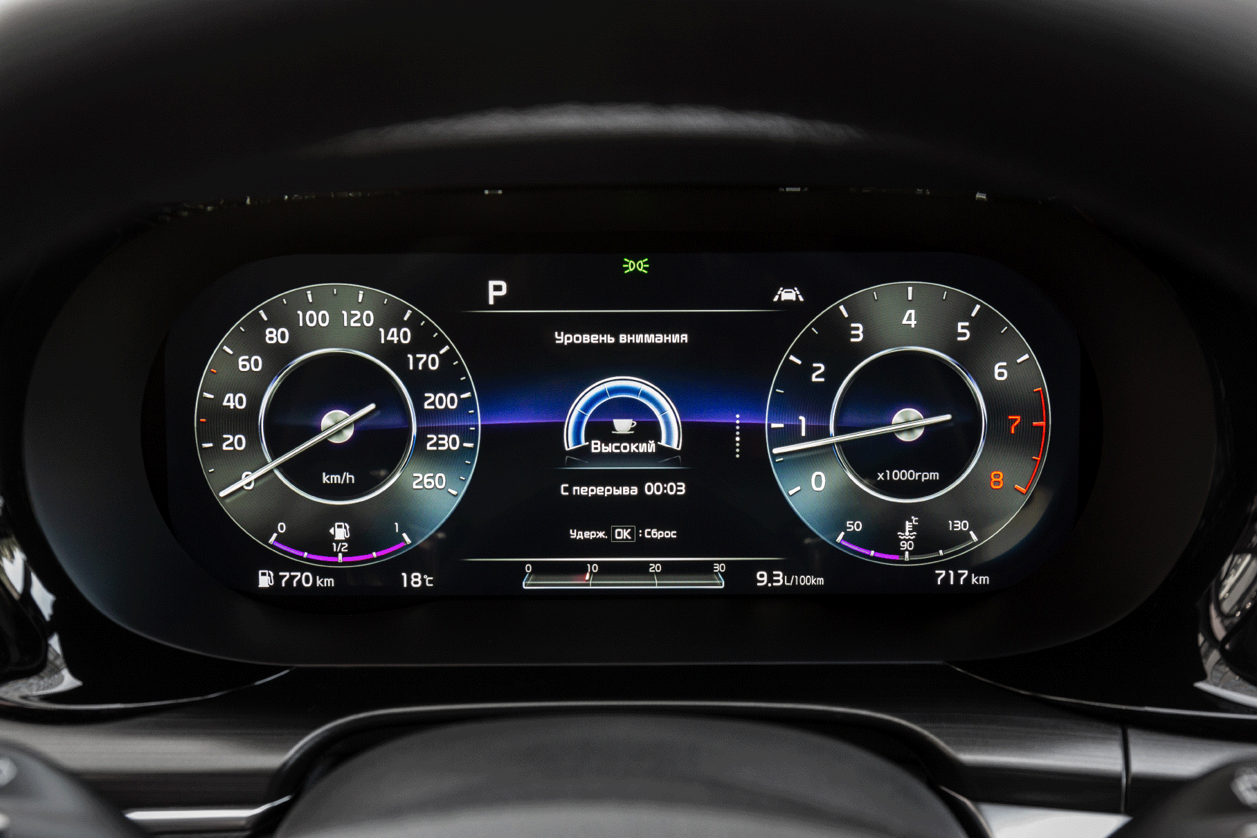 Приборка прорисована здорово и может выглядеть совершенно по-разному. К базовым «скинам» различных режимов вождения добавили новую функцию: настроенческие «обои», меняющиеся в зависимости от времени суток — можно ехать в закат и наблюдать картинку с закатом на приборной доске. А при включении поворотников графика в рисованных шкалах временно сменяется на картинку с камер мониторинга слепых зон — удобно. Изображение со всех внешних «глазков» — почти «гоупрошного» качества!