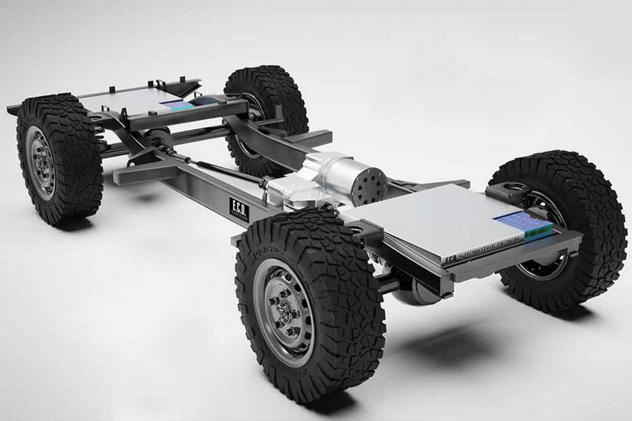 3D-модель шасси с установленным электрмотором (в центре) и батареями