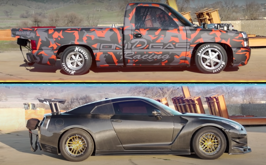 Посмотрите на дуэль 1600-сильного пикапа и 2000-сильного спорткара