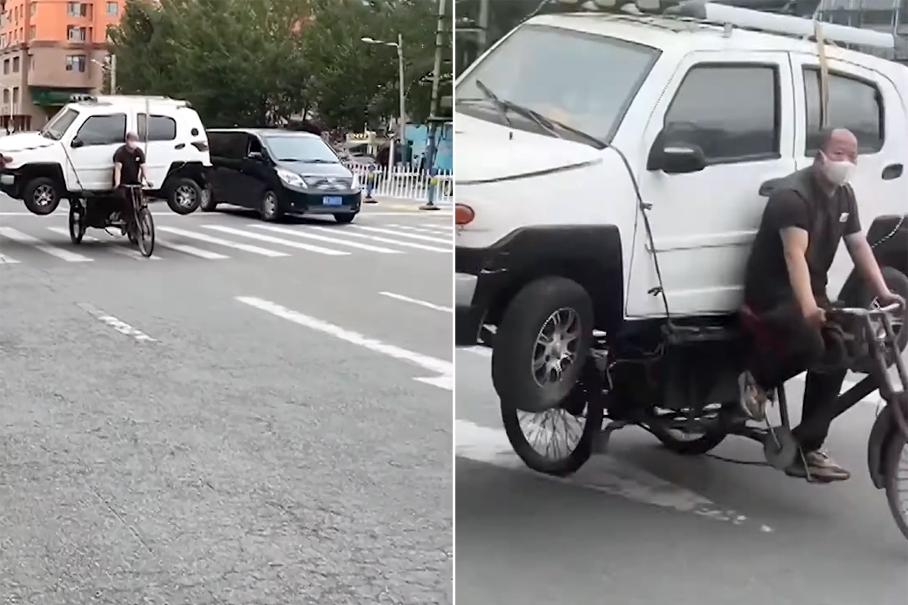 Посмотрите, как китаец перевозит автомобиль на велосипеде