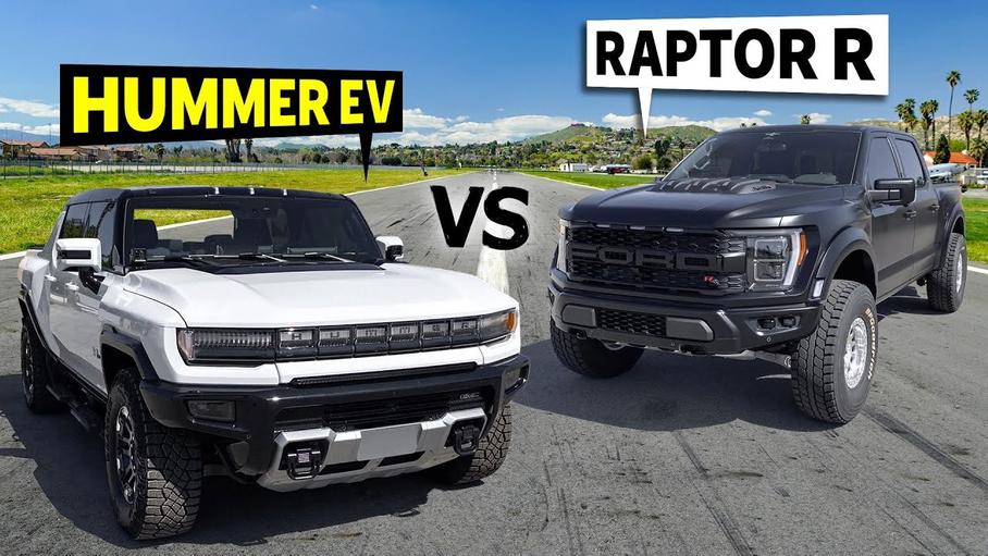Видео: суперпикапы GMC Hummer EV и Ford F-150 Raptor R сразились в гонке